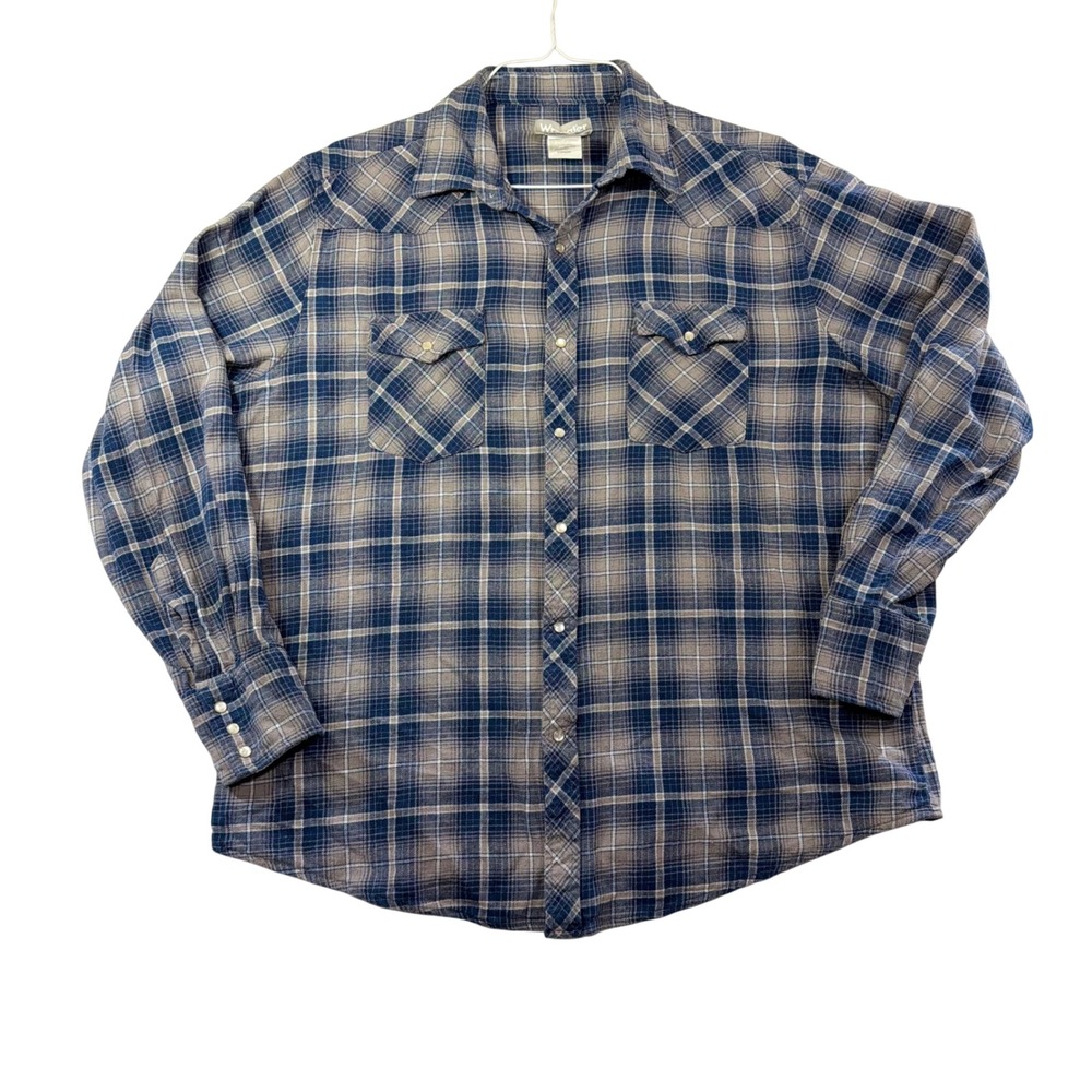 Wrangler Wrancher MensXL Blue Plaid Western Snap Long Sleeve Shirt & Pearl snaps